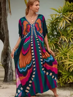 Cover Ups Maxi Dresses Oversized Half Sleeves Printed V-Neck Batwing Sleeves Athletic Red Summer Beach Swimwear