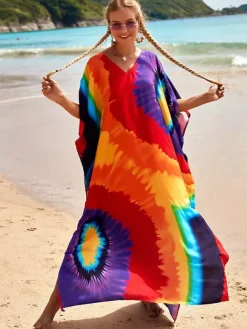 Cover Ups Maxi Dresses Oversized Half Sleeves Printed V-Neck Batwing Sleeves Athletic Red Summer Beach Swimwear