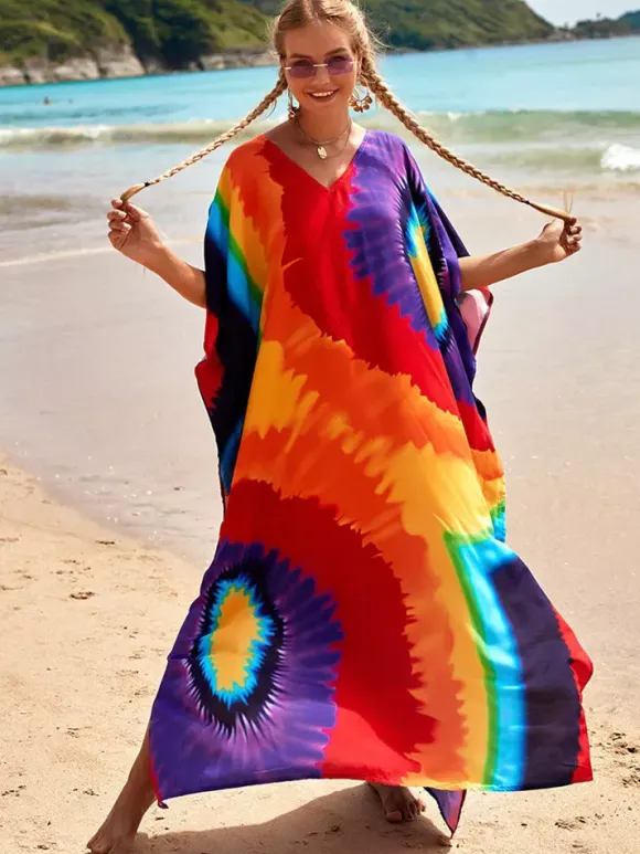 Cover Ups Maxi Dresses Oversized Half Sleeves Printed V-Neck Batwing Sleeves Athletic Red Summer Beach Swimwear
