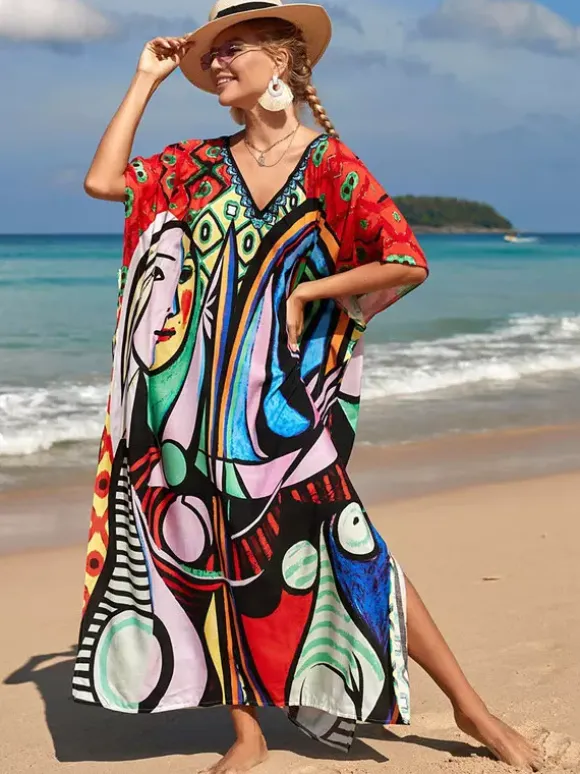 Cover Ups Maxi Dresses Oversized Half Sleeves Printed V-Neck Batwing Sleeves Athletic Red Summer Beach Swimwear