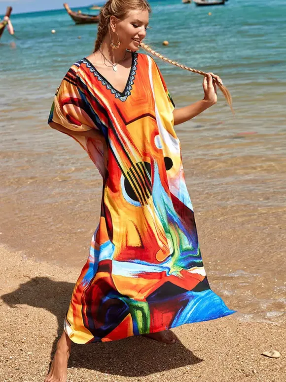 Cover Ups Maxi Dresses Oversized Half Sleeves Printed V-Neck Batwing Sleeves Athletic Red Summer Beach Swimwear