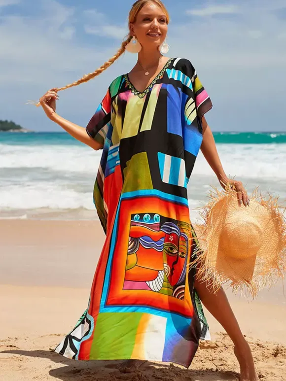 Cover Ups Maxi Dresses Oversized Half Sleeves Printed V-Neck Batwing Sleeves Athletic Red Summer Beach Swimwear