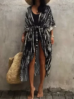 Cover Ups Maxi Oversized Ruffled Sash Long Sleeves Tie Dye Batwing Sleeves Casual Green Summer Beach Swimwear