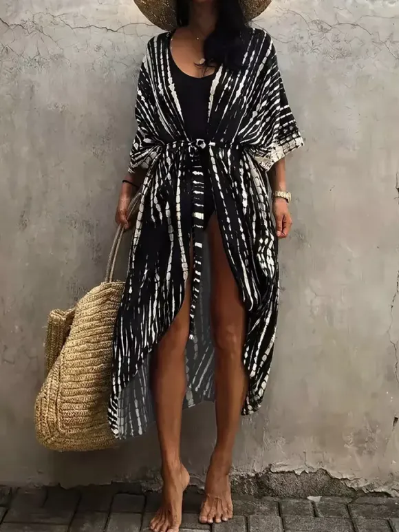 Cover Ups Maxi Oversized Ruffled Sash Long Sleeves Tie Dye Batwing Sleeves Casual Green Summer Beach Swimwear