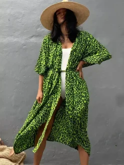 Cover Ups Maxi Oversized Ruffled Sash Long Sleeves Tie Dye Batwing Sleeves Casual Green Summer Beach Swimwear