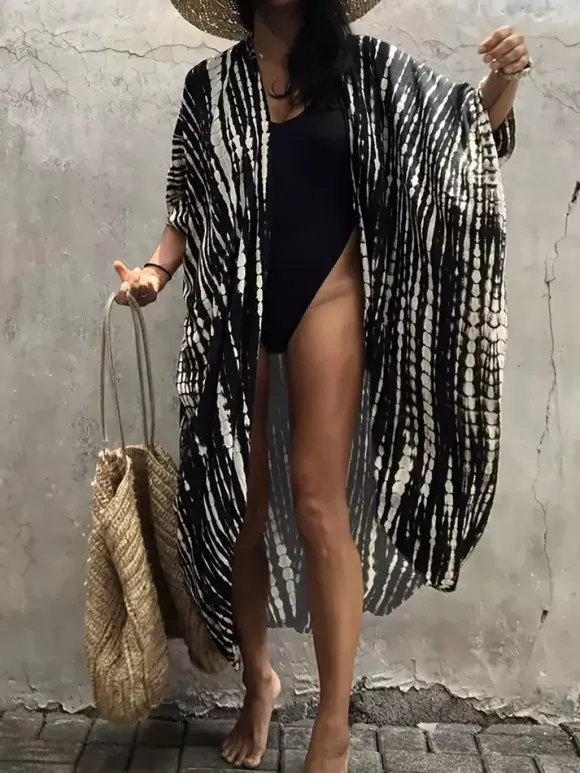 Cover Ups Maxi Oversized Ruffled Sash Long Sleeves Tie Dye Batwing Sleeves Casual Green Summer Beach Swimwear