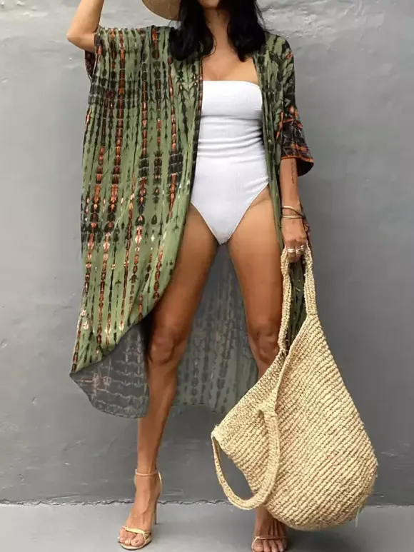 Cover Ups Maxi Oversized Ruffled Sash Long Sleeves Tie Dye Batwing Sleeves Casual Green Summer Beach Swimwear