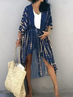 Cover Ups Maxi Oversized Ruffled Sash Long Sleeves Tie Dye Batwing Sleeves Casual Green Summer Beach Swimwear