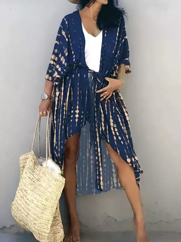 Cover Ups Maxi Oversized Ruffled Sash Long Sleeves Tie Dye Batwing Sleeves Casual Green Summer Beach Swimwear