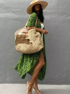Cover Ups Maxi Oversized Ruffled Sash Long Sleeves Tie Dye Batwing Sleeves Casual Green Summer Beach Swimwear