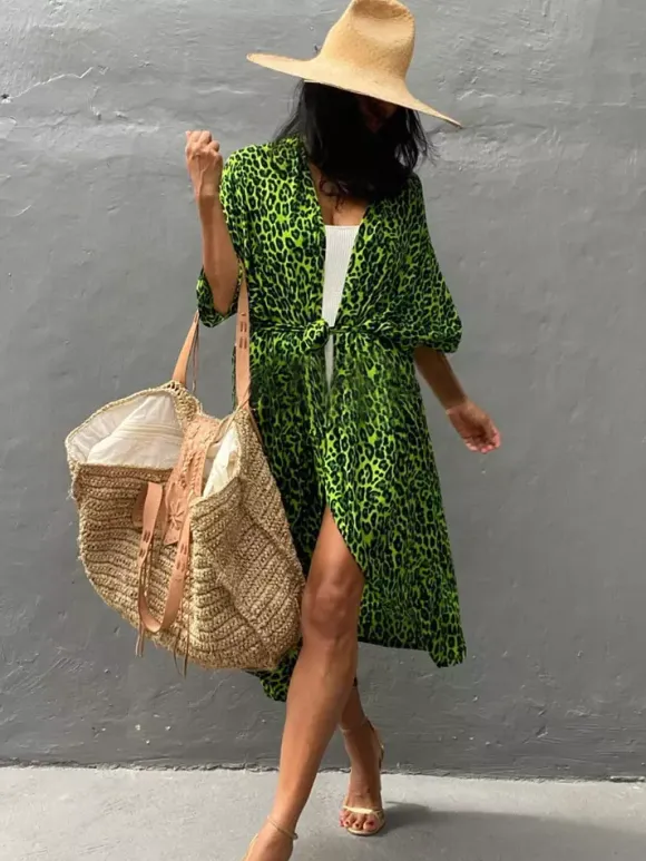 Cover Ups Maxi Oversized Ruffled Sash Long Sleeves Tie Dye Batwing Sleeves Casual Green Summer Beach Swimwear