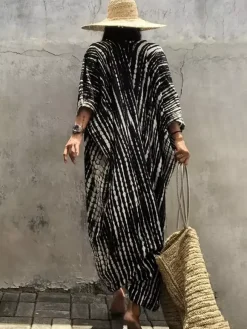 Cover Ups Maxi Oversized Ruffled Sash Long Sleeves Tie Dye Batwing Sleeves Casual Green Summer Beach Swimwear