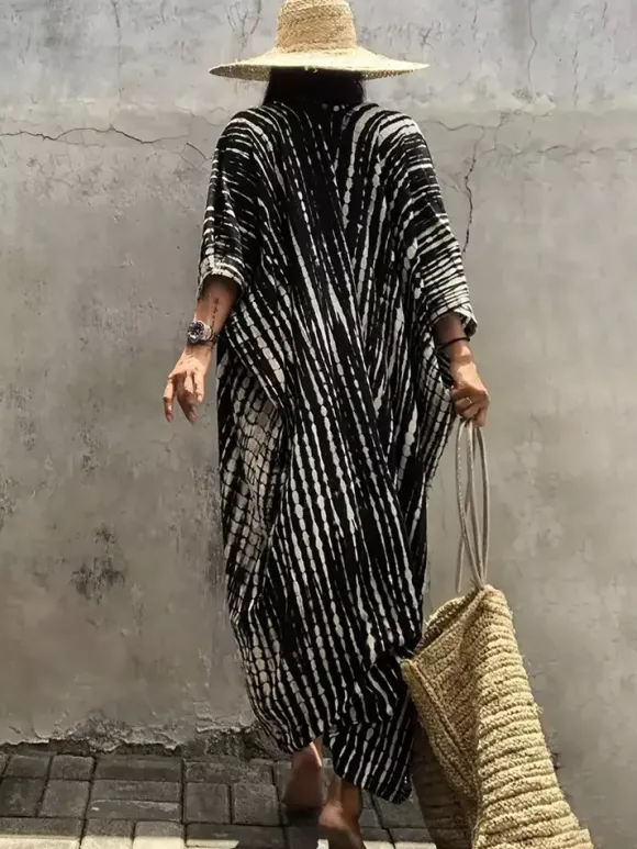 Cover Ups Maxi Oversized Ruffled Sash Long Sleeves Tie Dye Batwing Sleeves Casual Green Summer Beach Swimwear
