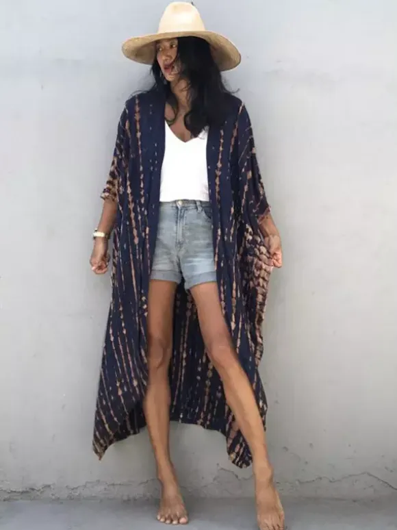 Cover Ups Maxi Oversized Ruffled Sash Long Sleeves Tie Dye Batwing Sleeves Casual Green Summer Beach Swimwear