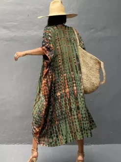 Cover Ups Maxi Oversized Ruffled Sash Long Sleeves Tie Dye Batwing Sleeves Casual Green Summer Beach Swimwear