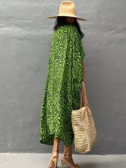 Cover Ups Maxi Oversized Ruffled Sash Long Sleeves Tie Dye Batwing Sleeves Casual Green Summer Beach Swimwear