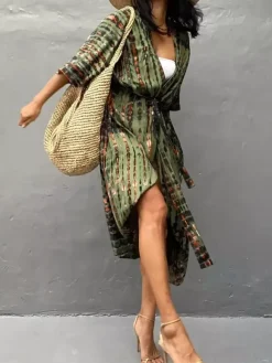 Cover Ups Maxi Oversized Ruffled Sash Long Sleeves Tie Dye Batwing Sleeves Casual Green Summer Beach Swimwear
