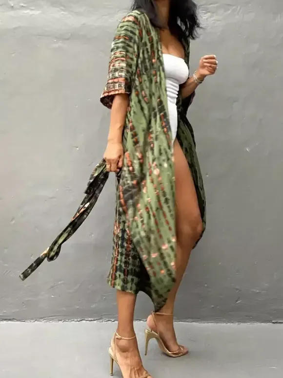 Cover Ups Maxi Oversized Ruffled Sash Long Sleeves Tie Dye Batwing Sleeves Casual Green Summer Beach Swimwear