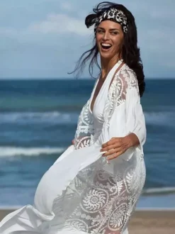 Cover Ups Oversized Cut Out Lace Long Sleeves Athletic White Summer Beach Swimwear