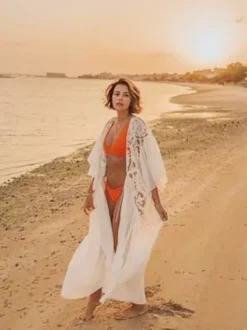 Cover Ups Oversized Cut Out Lace Long Sleeves Athletic White Summer Beach Swimwear