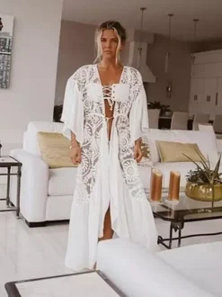 Cover Ups Oversized Cut Out Lace Long Sleeves Athletic White Summer Beach Swimwear