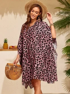 Cover Ups Oversized Half Sleeves Turndown Collar Batwing Sleeves Sexy Leopard Beach Swimming Suits