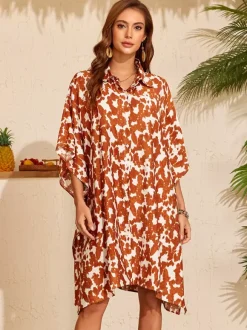 Cover Ups Oversized Half Sleeves Turndown Collar Batwing Sleeves Sexy Leopard Beach Swimming Suits