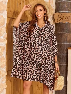 Cover Ups Oversized Half Sleeves Turndown Collar Batwing Sleeves Sexy Leopard Beach Swimming Suits