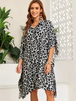 Cover Ups Oversized Half Sleeves Turndown Collar Batwing Sleeves Sexy Leopard Beach Swimming Suits