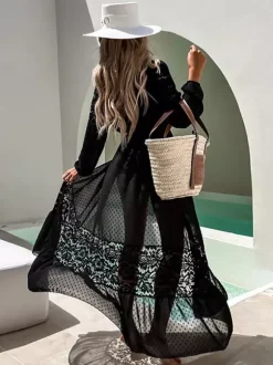 Cover Ups Ruffled Oversized Lace Long Sleeves Sexy Black Summer Beach Swimwear