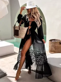 Cover Ups Ruffled Oversized Lace Long Sleeves Sexy Black Summer Beach Swimwear