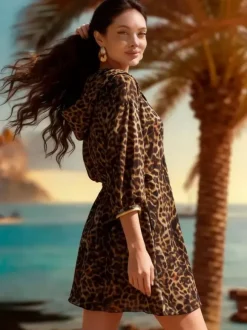 Cover Ups Yellow Geometric Long Sleeves Nets Short Dress Summer Beach Swimwear