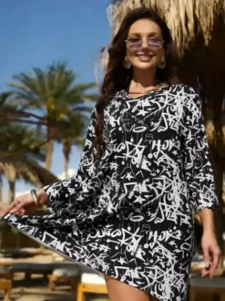 Cover Ups Yellow Geometric Long Sleeves Nets Short Dress Summer Beach Swimwear