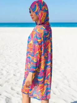 Cover Ups Yellow Geometric Long Sleeves Nets Short Dress Summer Beach Swimwear