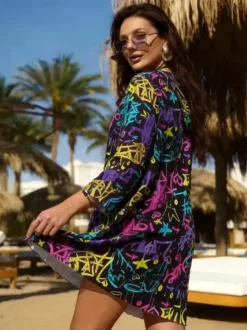 Cover Ups Yellow Geometric Long Sleeves Nets Short Dress Summer Beach Swimwear