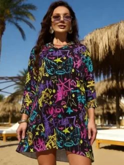 Cover Ups Yellow Geometric Long Sleeves Nets Short Dress Summer Beach Swimwear
