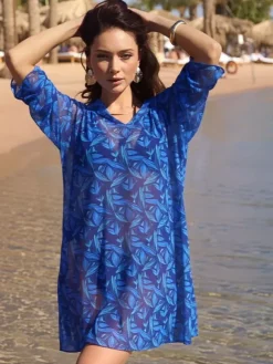 Cover Ups Yellow Geometric Long Sleeves Nets Short Dress Summer Beach Swimwear