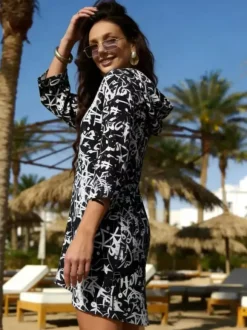 Cover Ups Yellow Geometric Long Sleeves Nets Short Dress Summer Beach Swimwear