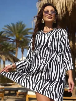 Cover Ups Yellow Geometric Long Sleeves Nets Short Dress Summer Beach Swimwear