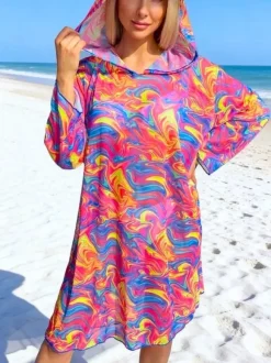 Cover Ups Yellow Geometric Long Sleeves Nets Short Dress Summer Beach Swimwear