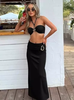 Cover-Ups Swimsuit Set Black Sexy Sleeveless Bra T-back Long Skirt Sets