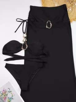 Cover-Ups Swimsuit Set Black Sexy Sleeveless Bra T-back Long Skirt Sets
