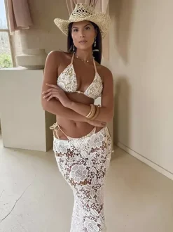 Cover-Ups Swimsuit Set White Sexy Lace Clothes Sleeveless Long Skirt Bra T-back Sets