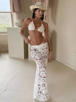 Cover-Ups Swimsuit Set White Sexy Lace Clothes Sleeveless Long Skirt Bra T-back Sets