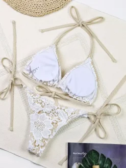 Cover-Ups Swimsuit Set White Sexy Lace Clothes Sleeveless Long Skirt Bra T-back Sets