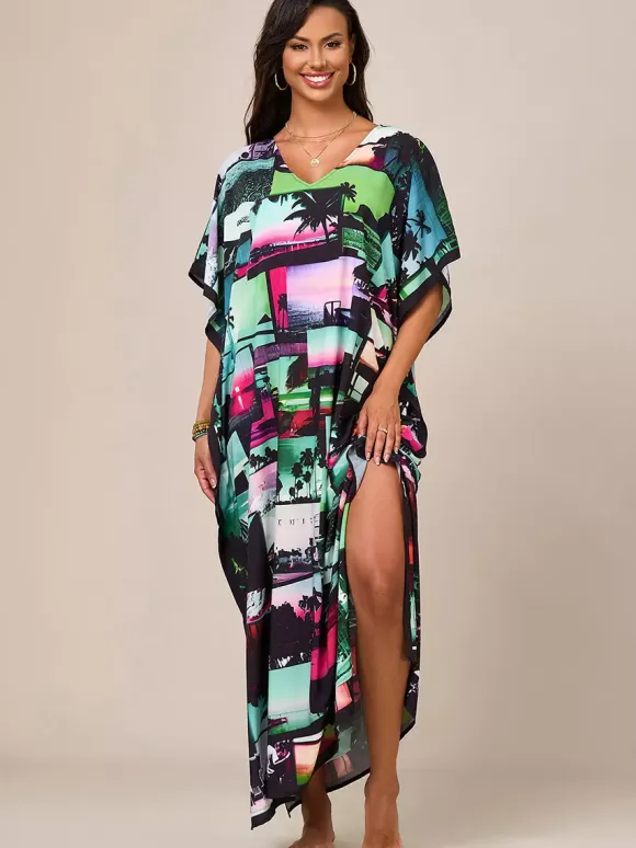 Cover Ups Beach Swimming Suits Oversized Short Sleeves V-Neck Athletic Deep Blue Cover Ups