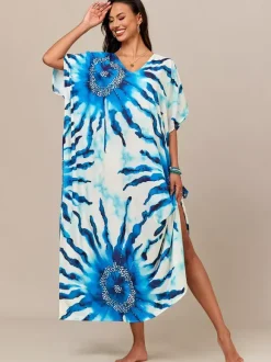 Cover Ups Beach Swimming Suits Oversized Short Sleeves V-Neck Athletic Deep Blue Cover Ups