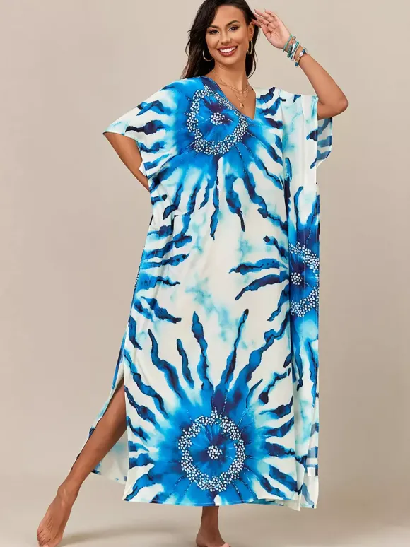 Cover Ups Beach Swimming Suits Oversized Short Sleeves V-Neck Athletic Deep Blue Cover Ups