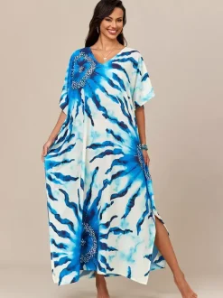 Cover Ups Beach Swimming Suits Oversized Short Sleeves V-Neck Athletic Deep Blue Cover Ups