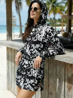 Cover Ups Blue Camouflage Long Sleeves Sheer Short Dress Mini Summer Beach Swimwear